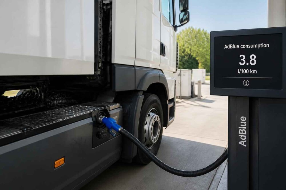 Ciężarówka podłączona do dystrybutora AdBlue z wyświetlaczem zużycia 3,8 l na 100 km