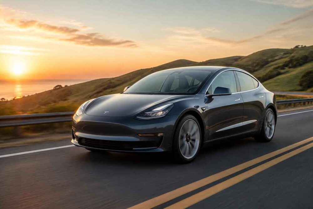 Czarna Tesla Model 3 jadąca nadmorską drogą o zachodzie słońca