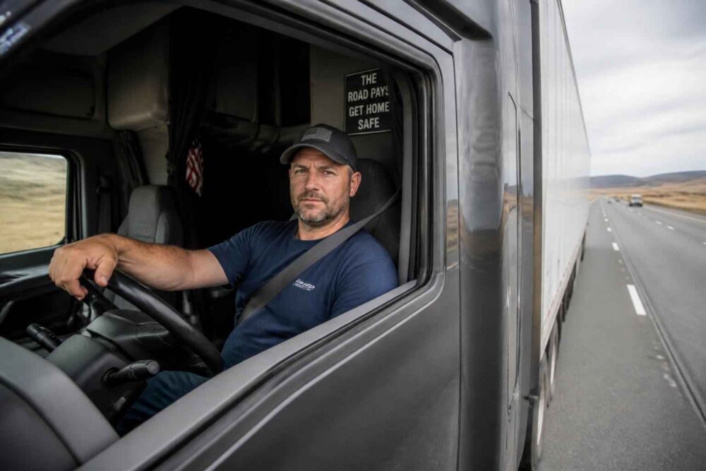 Kierowca ciężarówki za kierownicą podczas jazdy autostradąҵәа