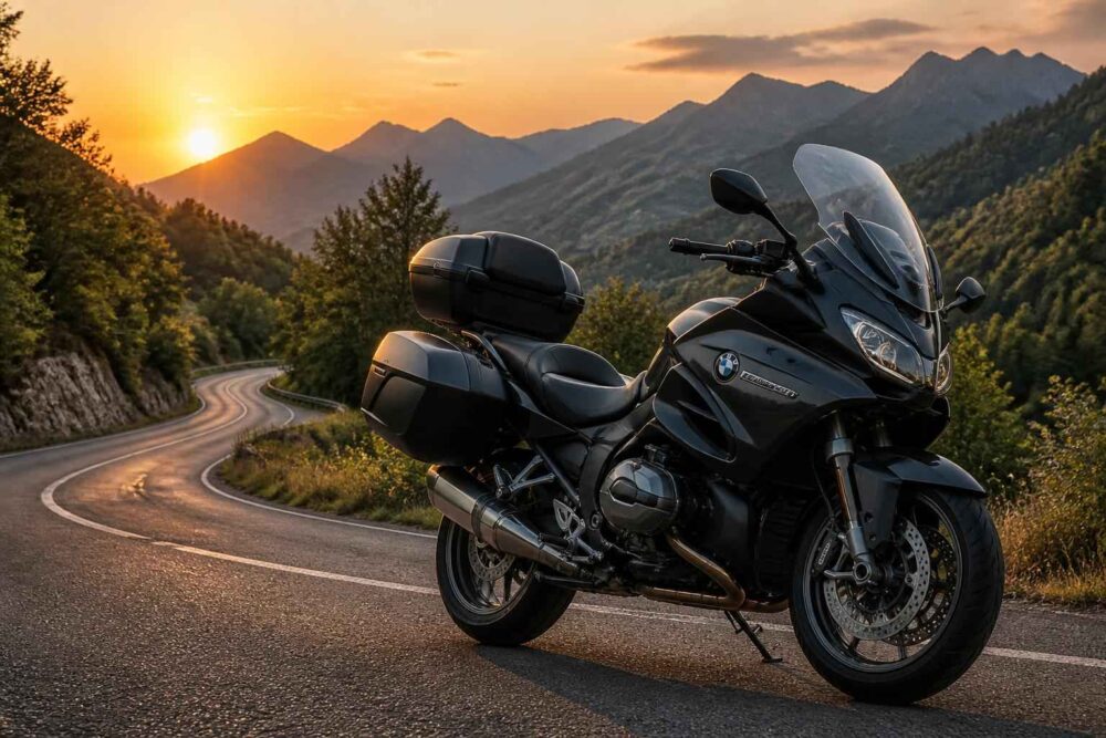 Czarny motocykl BMW zaparkowany na krętej górskiej drodze o zachodzie słońca
