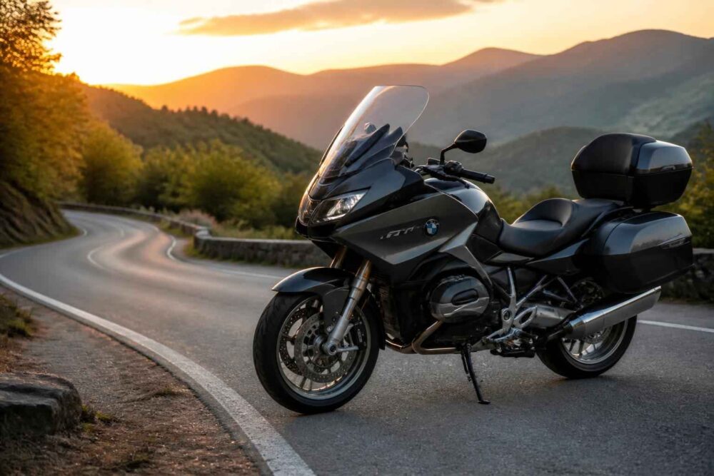 Czarny motocykl turystyczny BMW stojący na górskiej serpentynie o zachodzie słońca