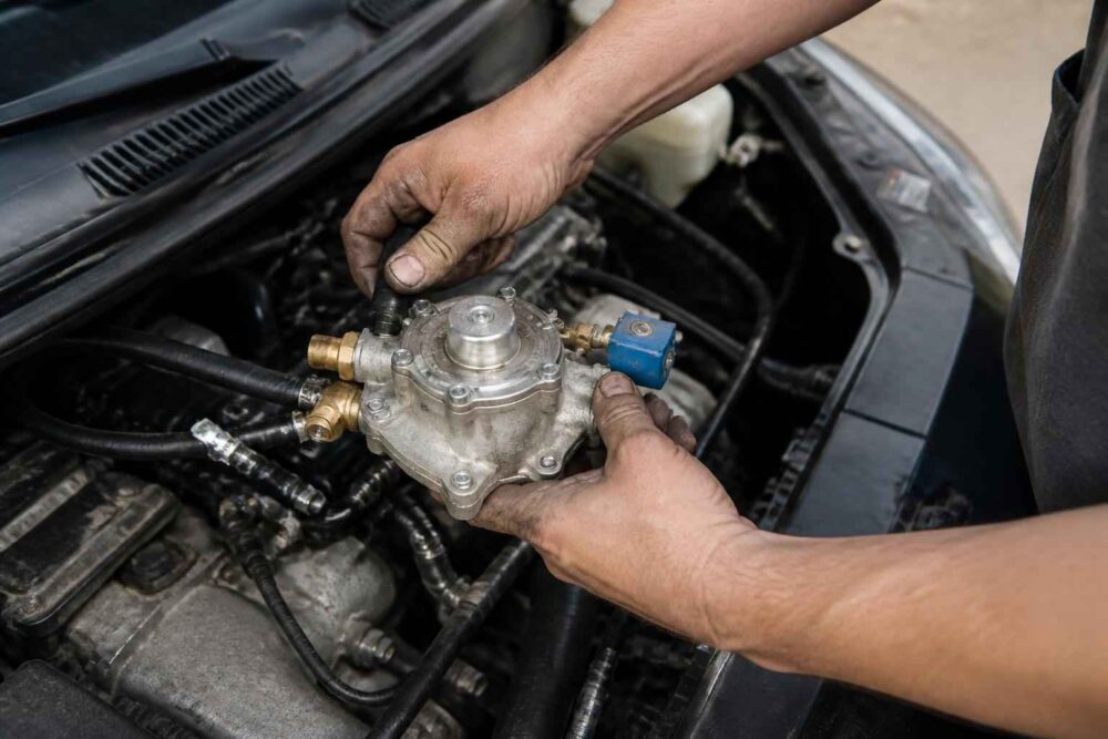 Mechanik montuje element instalacji gazowej LPG w komorze silnika samochodu