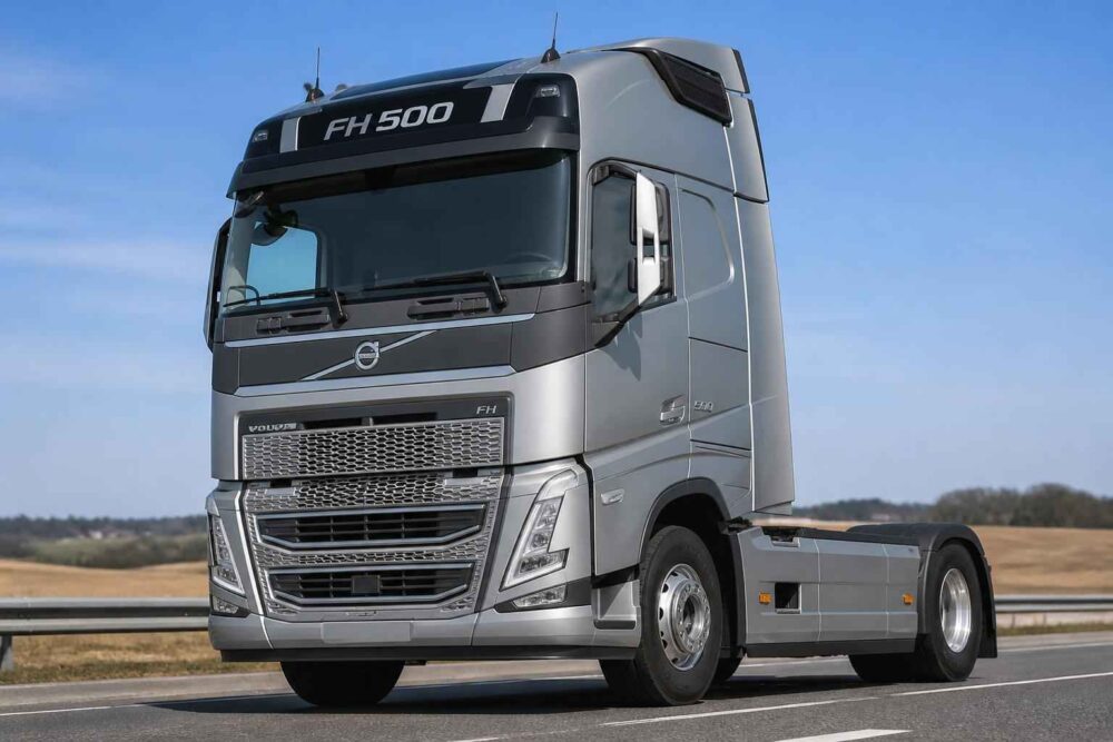 Srebrny ciągnik siodłowy Volvo FH500 jadący drogą na tle pól i błękitnego nieba