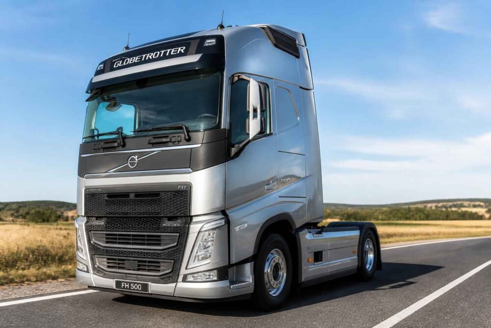 Srebrny ciągnik Volvo FH500 Globetrotter na drodze wśród pól i pagórków