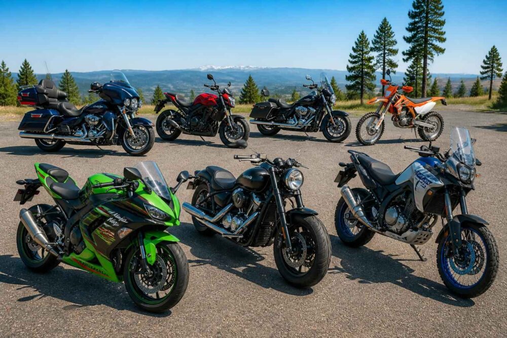 Sześć różnorodnych motocykli zaparkowanych na górskiej drodze z widokiem na dolinę i lasy prerii