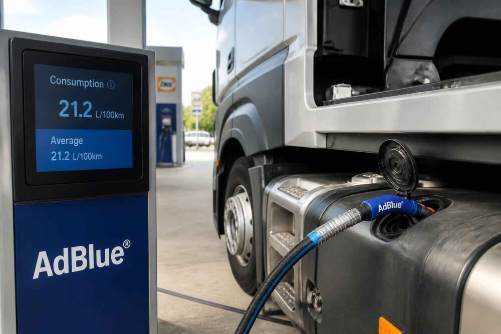 Dystrybutor AdBlue podłączony do zbiornika ciężarówki na stacji paliwowej