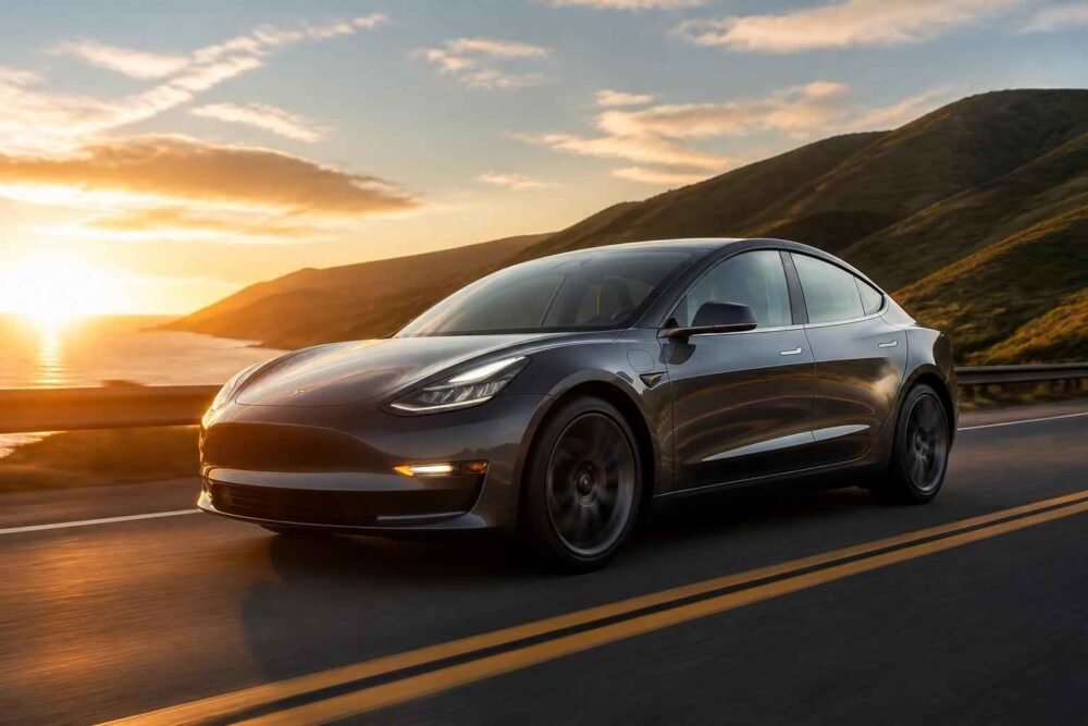 Ciemna Tesla Model 3 jadąca górską drogą podczas zachodu słońca nad oceanem