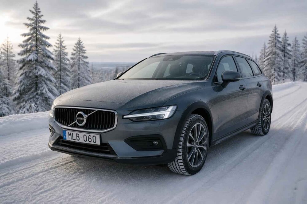 Szary Volvo V90 zaparkowany na ośnieżonej drodze w zimowym lesie sosnowym
