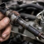 Mechanik trzyma zużyty wtryskiwacz paliwa wyjęty z silnika wysokoprężnego